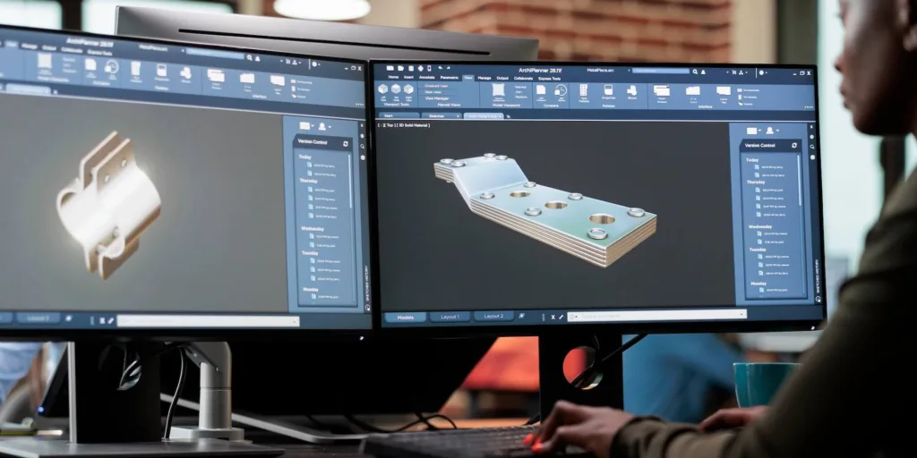 a close up of a person sitting at a desk designing a prototype using CAD software